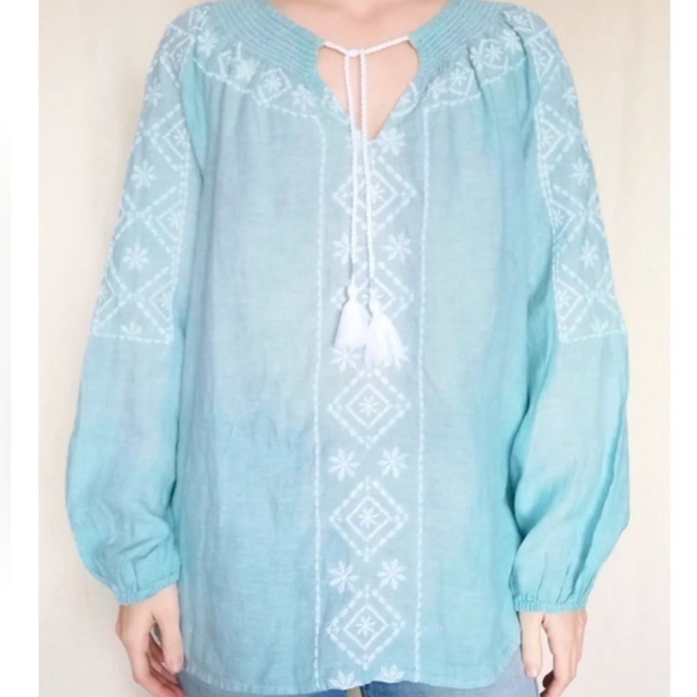 Joie Light Blue Linen Embroidered Peasant Blouse